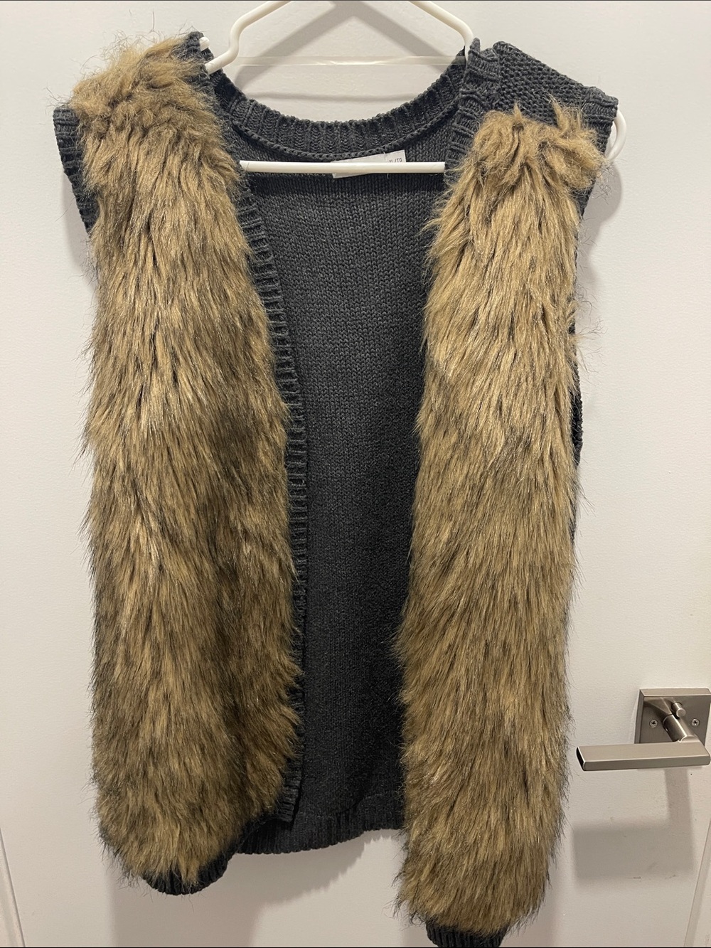 Reitmans Charcoal Knit Vest with Brown Faux Fur Panels
